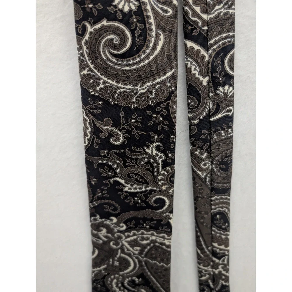 Christian Dior Mens Silk Tie Black Grey Taupe Paisley Fabric Woven in Italy USA